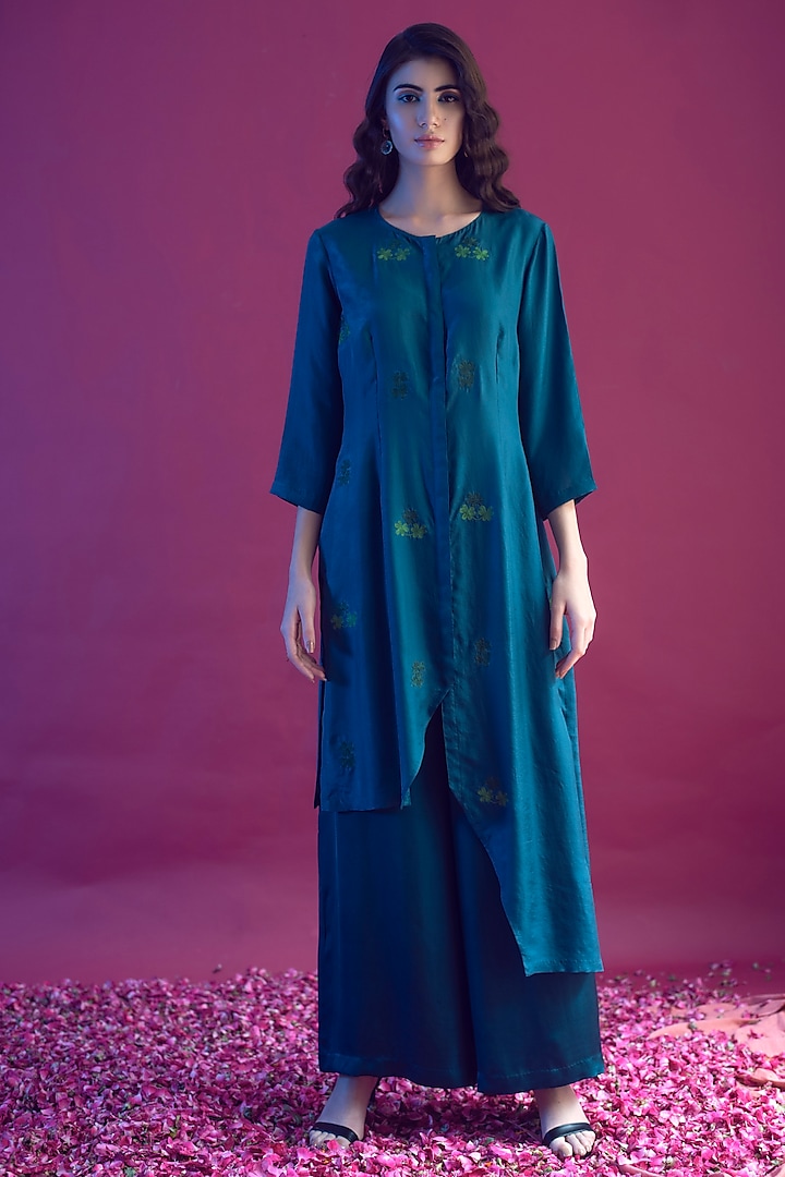 Blue Hand Embroidered Tunic Set by Reda by Mansha