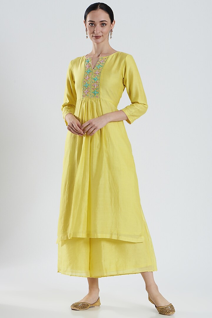 Yellow Chanderi Silk Kurta Set by Reema Mehta