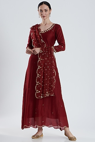 Dark Red Hand Embroidered Anarkali Set by Reema Mehta
