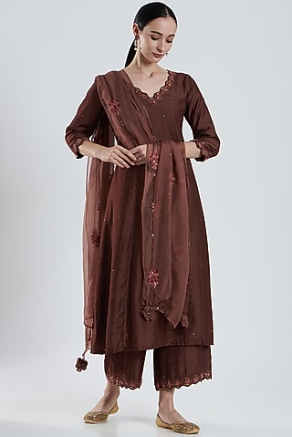 Brown Hand Embroidered Kurta Set by Reema Mehta