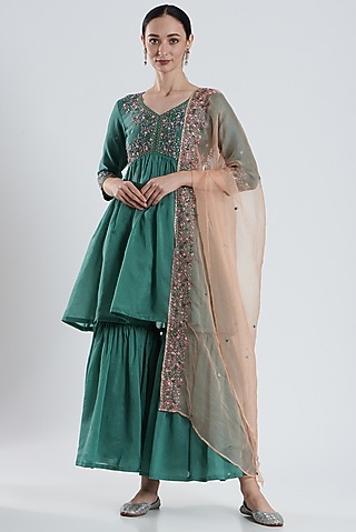 Teal Blue Hand Embroidered Peplum Kurta Set by Reema Mehta