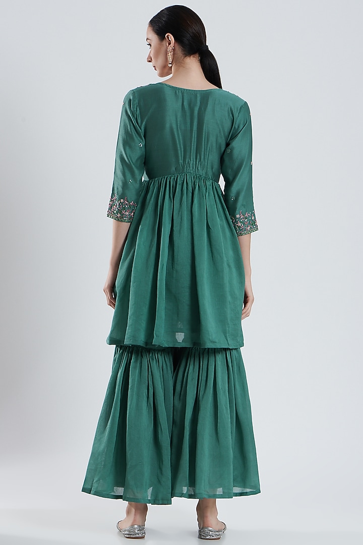 Teal Blue Hand Embroidered Peplum Kurta Set by Reema Mehta at Pernia's Pop Up Shop