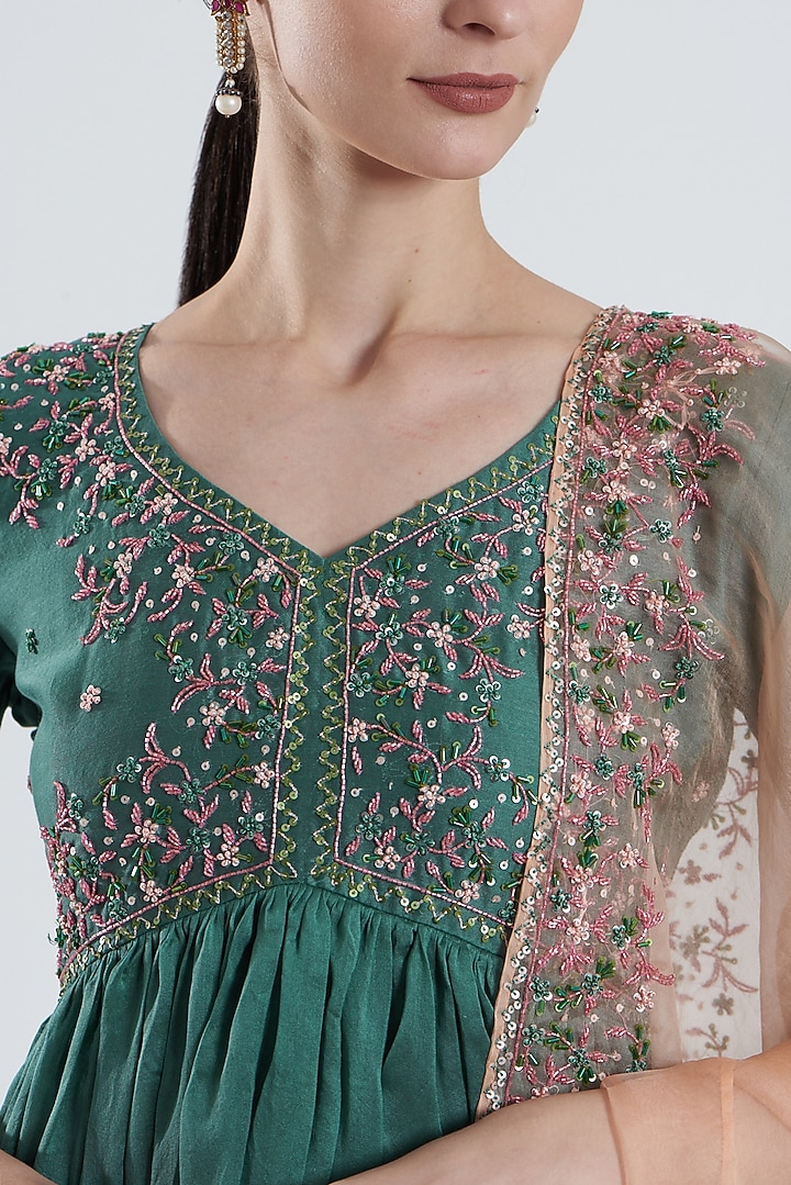 Teal Blue Hand Embroidered Peplum Kurta Set by Reema Mehta at Pernia's Pop Up Shop