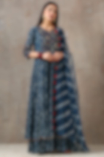 Cobalt Blue Layered & Embroidered Party Wear Anarkali Set by Rekha Agra at Pernia's Pop Up Shop