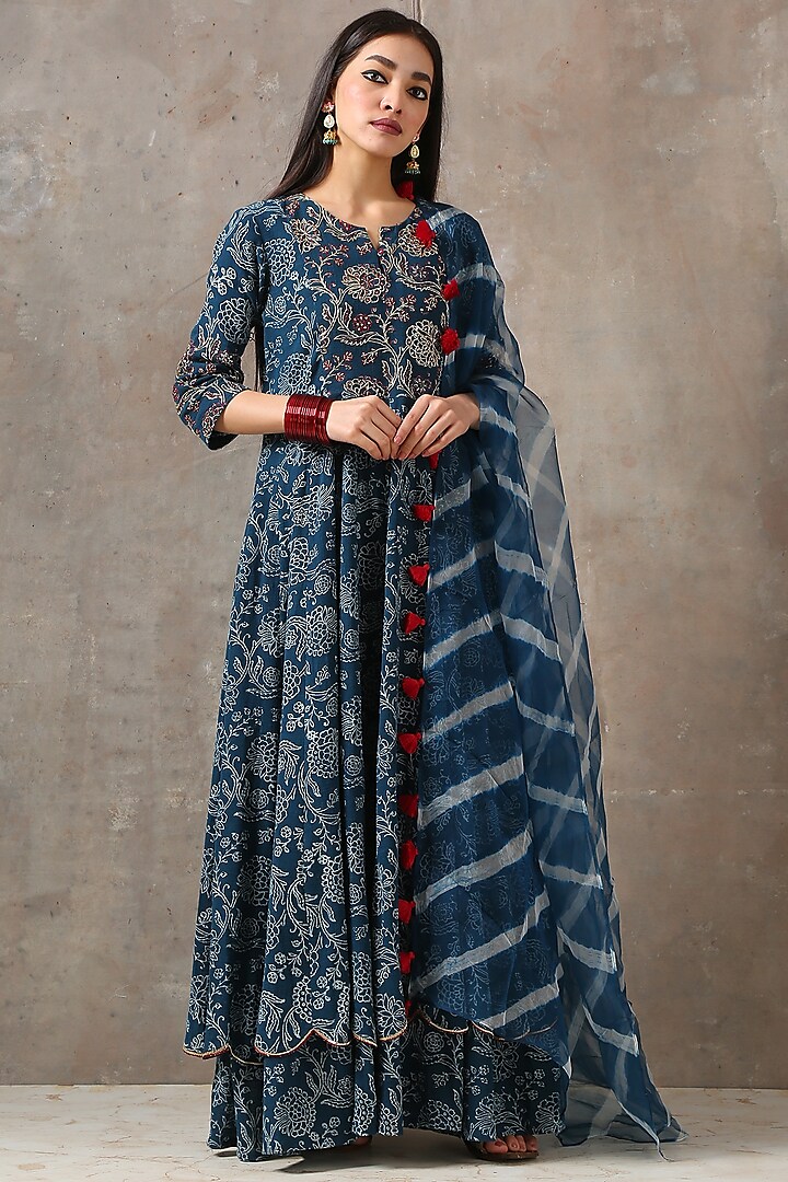 Cobalt Blue Layered & Embroidered Anarkali Set by Rekha Agra