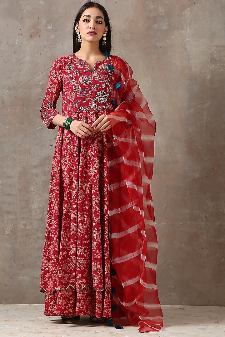 Red Layered & Embroidered Anarkali With Dupatta by Rekha Agra