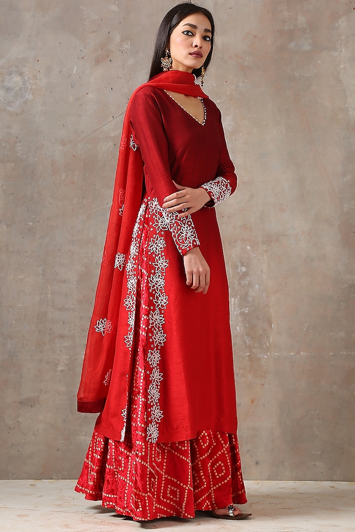 Red Embroidered Kurta Set by Rekha Agra