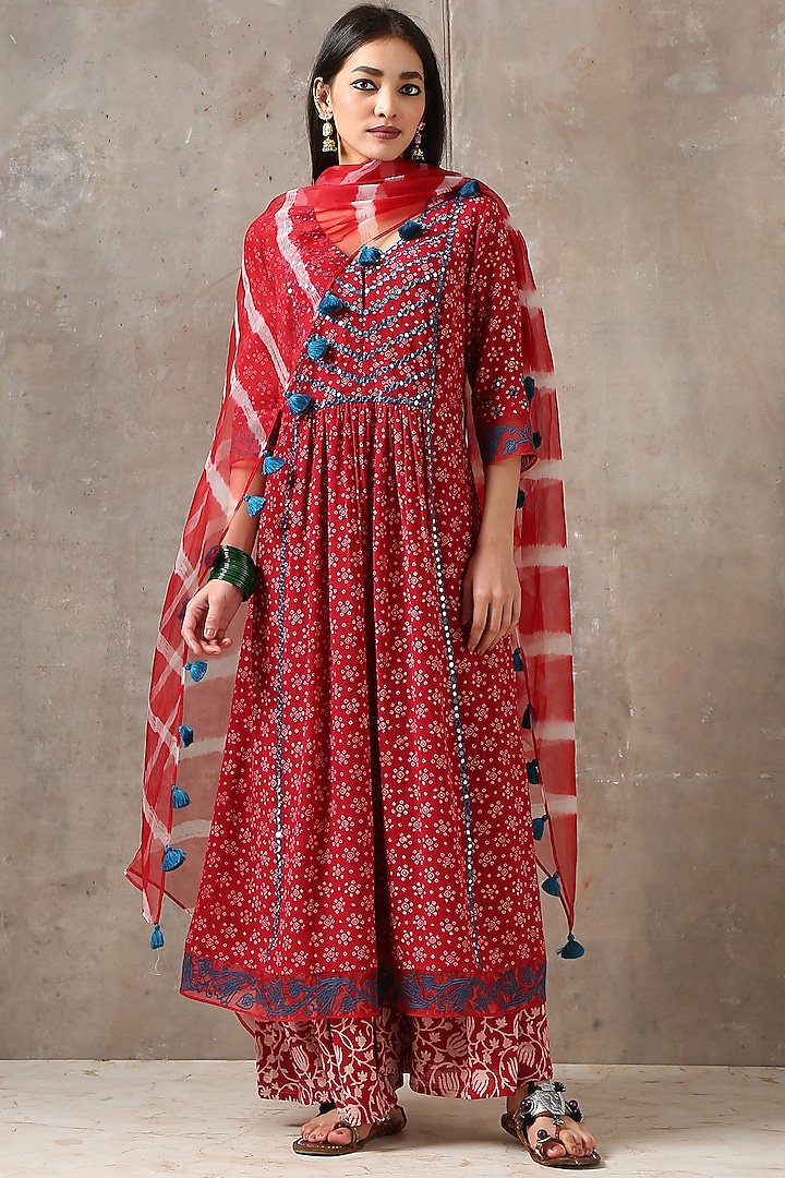 Red Embroidered A-Line Kurta Set by Rekha Agra