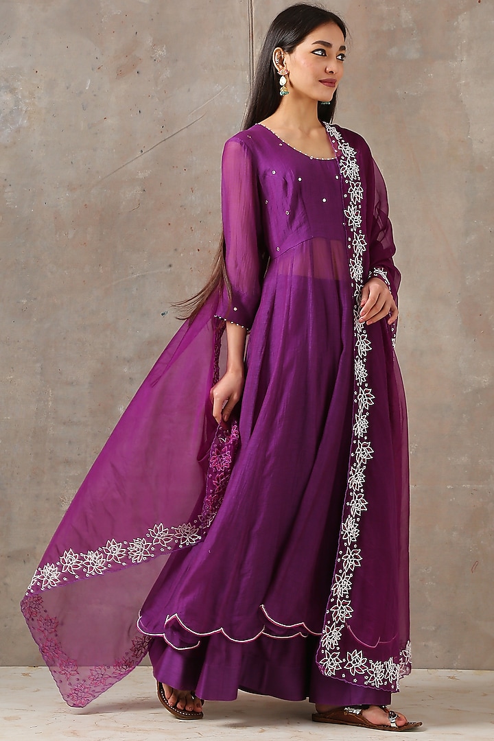 Purple Embroidered Anarkali Set by Rekha Agra