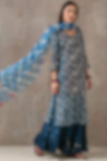 Cobalt Blue Printed & Embroidered Kurta Set by Rekha Agra at Pernia's Pop Up Shop