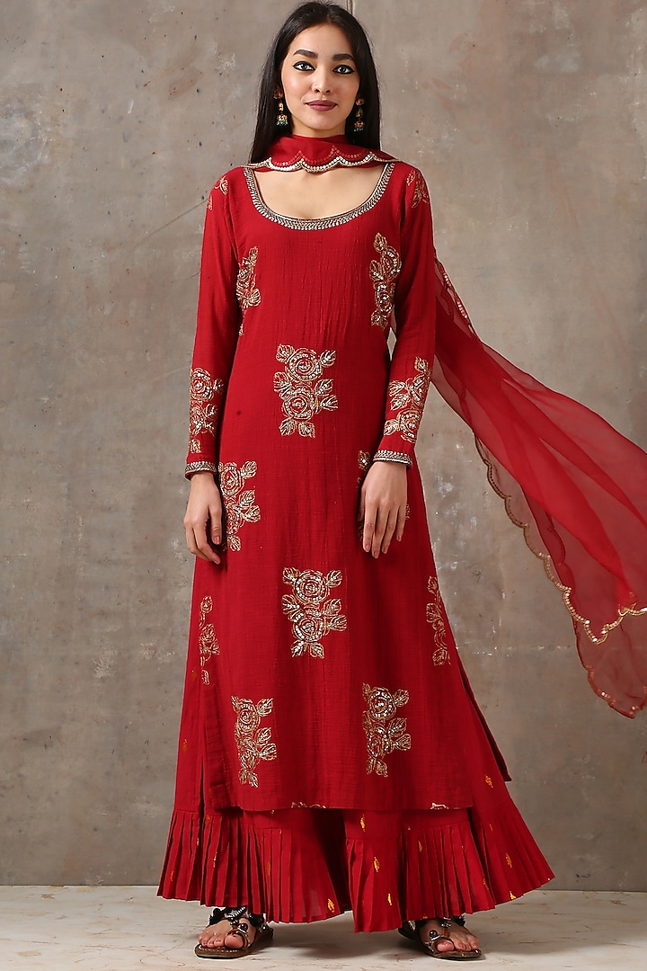 Red Printed & Embroidered Kurta Set by Rekha Agra