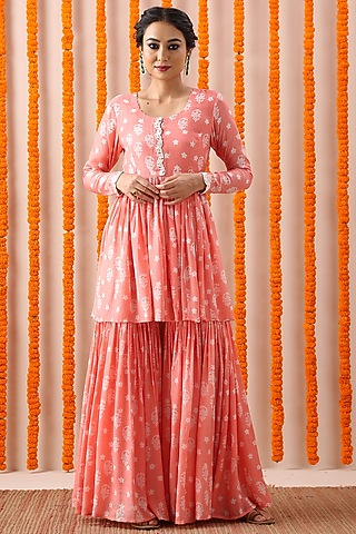 Peach Hand Block Printed Gharara Set by Rekha Agra