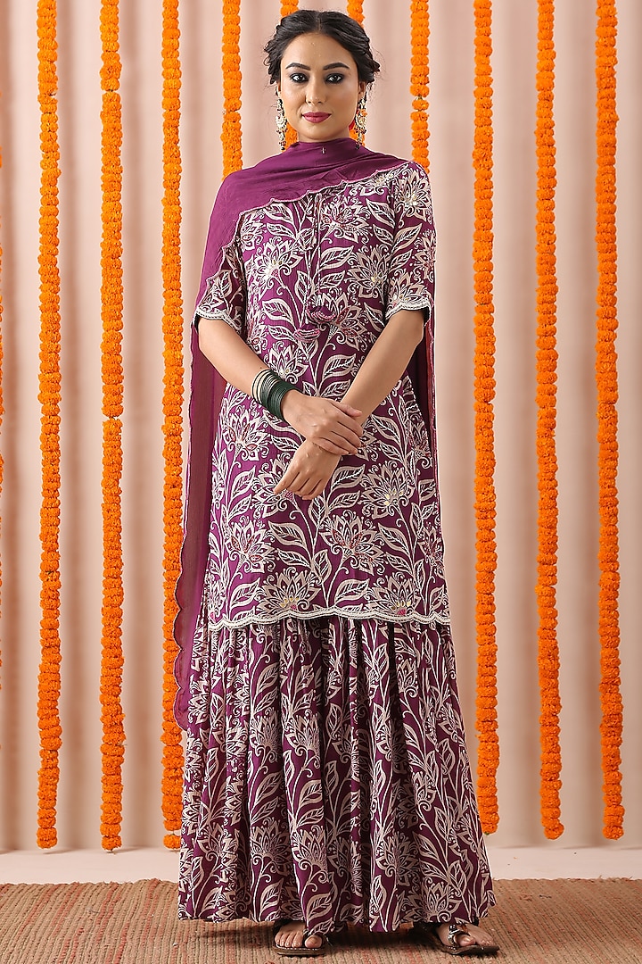 Purple Hand Block Printed Gharara Set by Rekha Agra