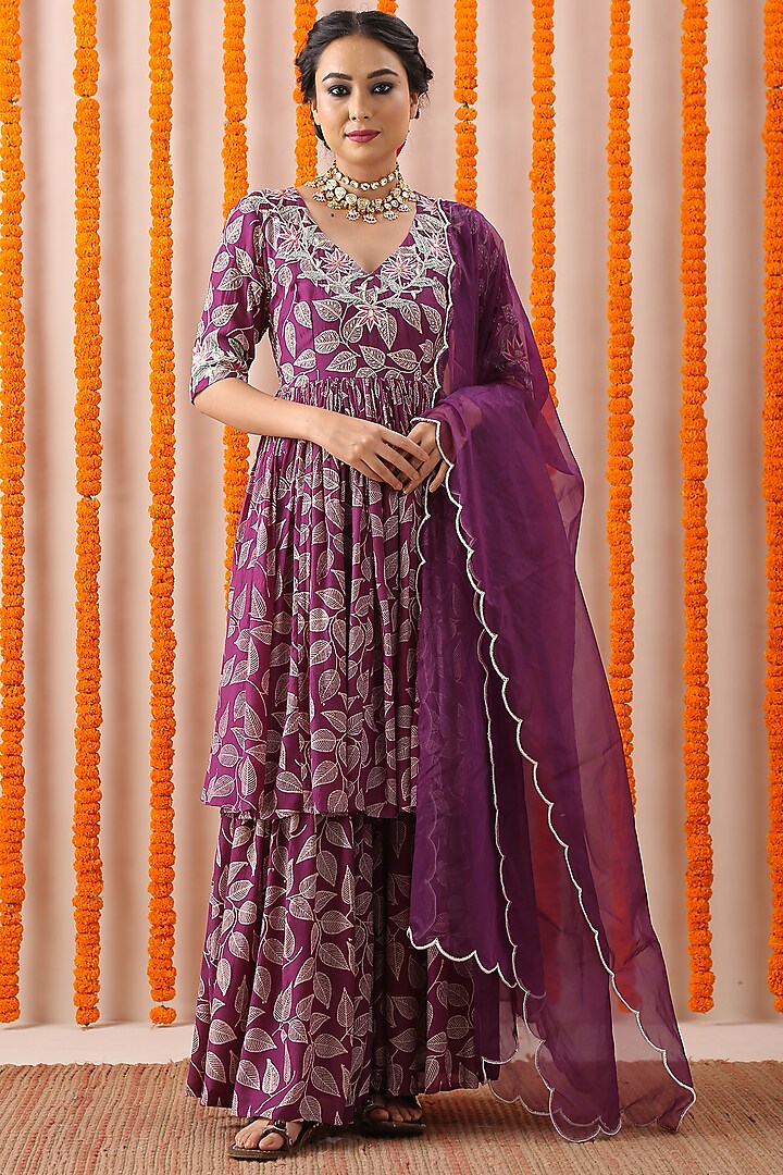 Purple Floral Hand Block Printed Gharara Set by Rekha Agra
