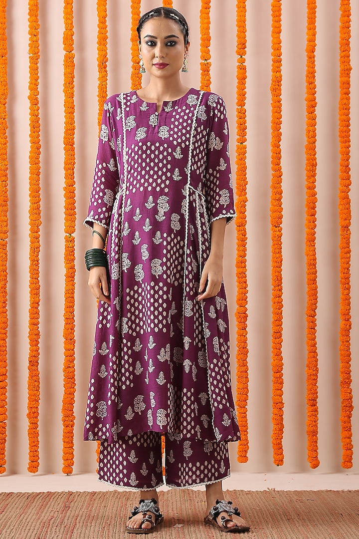 Purple Hand Embroidered Kurta Set by Rekha Agra