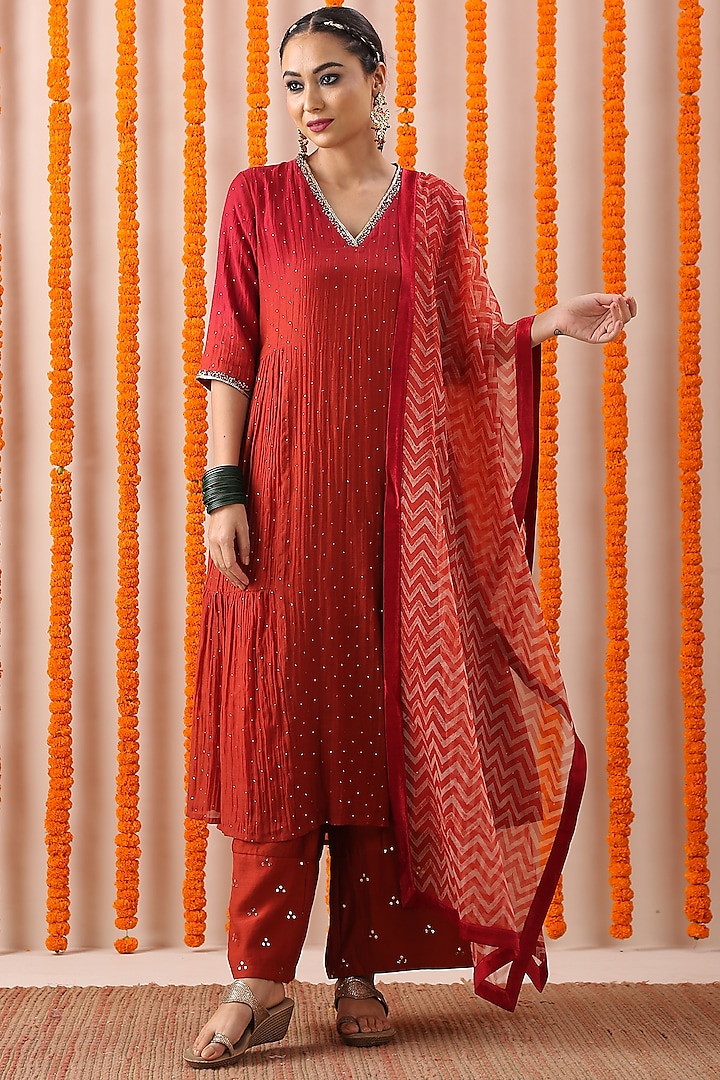 Rust & Maroon Embroidered A-Line Tunic Set by Rekha Agra