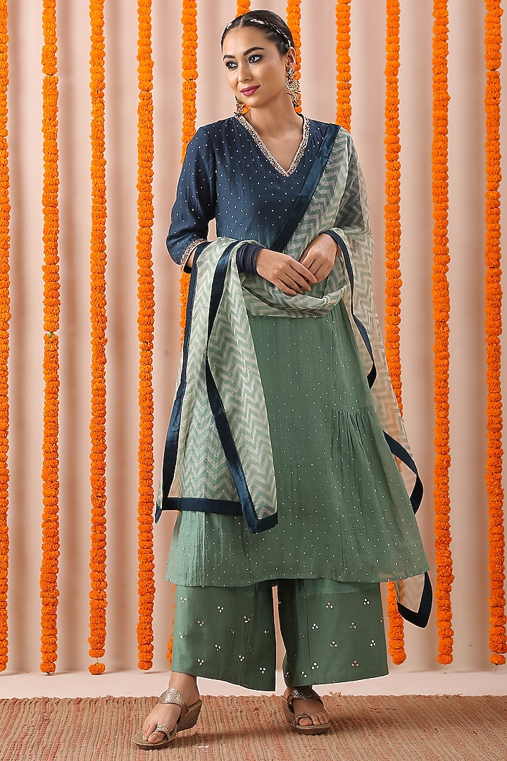 Blue Embroidered A-Line Tunic Set by Rekha Agra