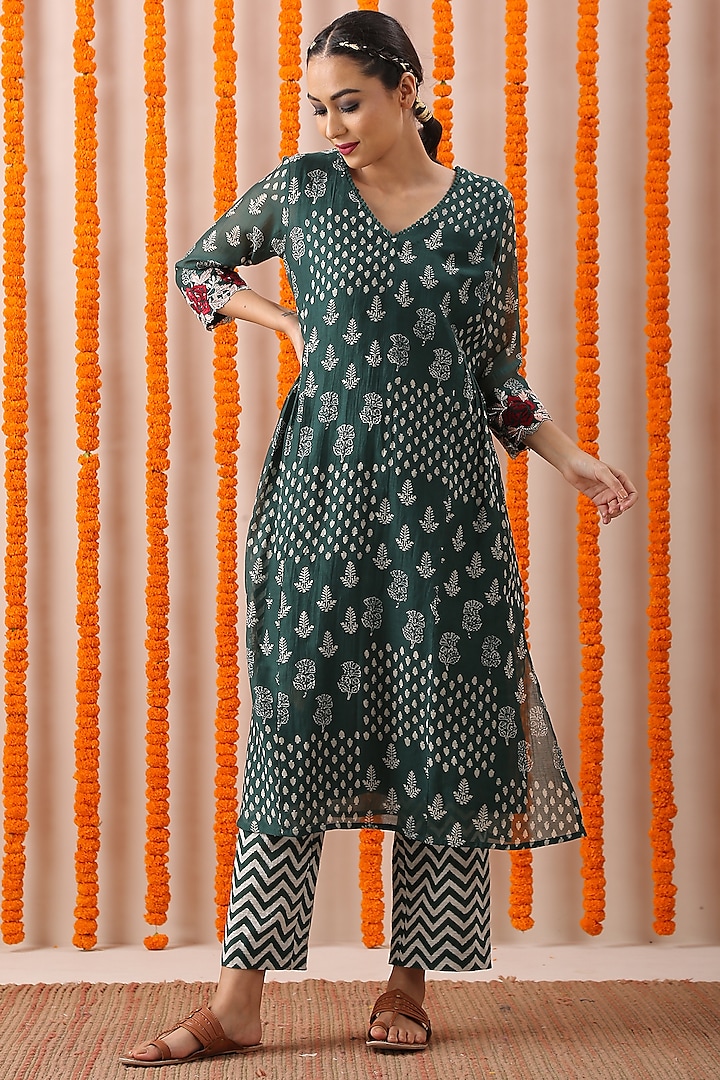 Bottle Green Pearl Embroidered A-Line Kurta Set by Rekha Agra