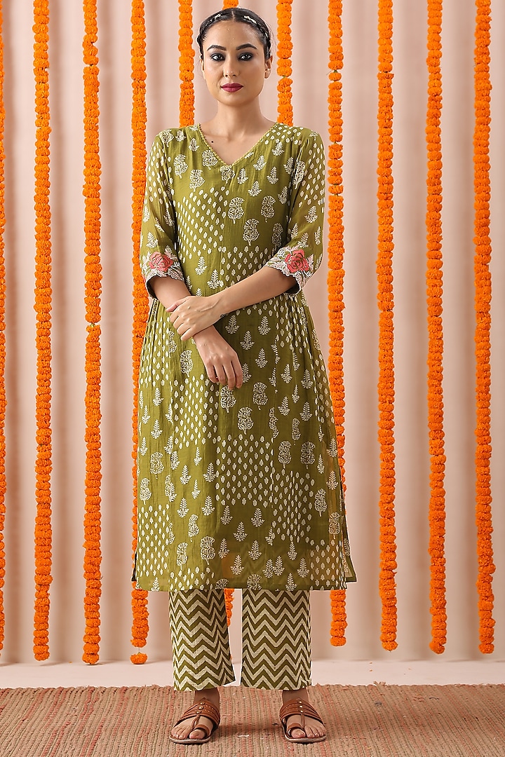 Mehendi Green Pearl Embroidered A-Line Kurta Set by Rekha Agra