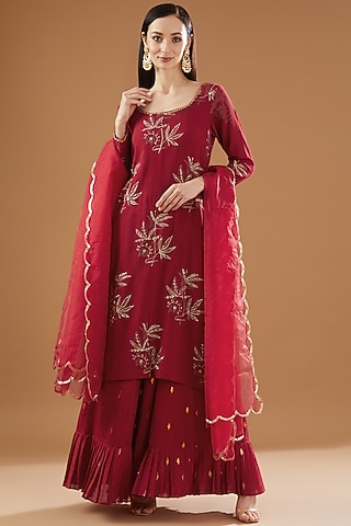 Maroon Cotton Lurex Sharara Set by Rekha Agra