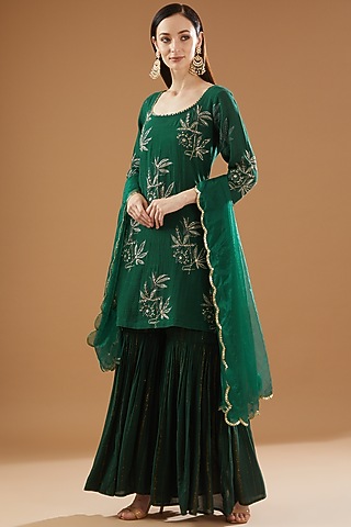 Green Cotton Lurex Sharara Set by Rekha Agra