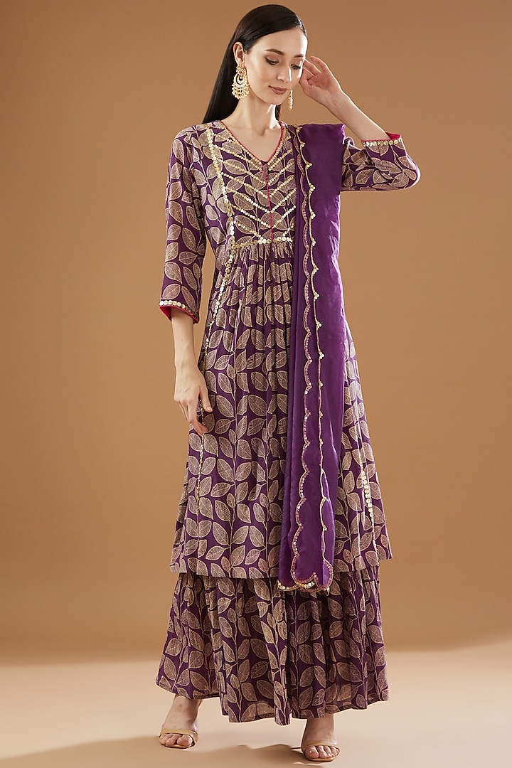 Purple Crinkled Cotton Silk Printed Sharara Set by Rekha Agra