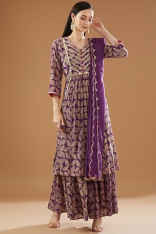 Purple Crinkled Cotton Silk Printed Sharara Set by Rekha Agra