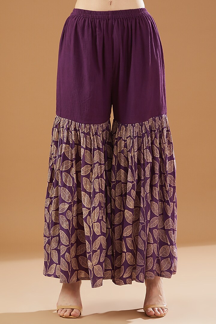 Purple Crinkled Cotton Silk Printed Party Wear Sharara Set by Rekha Agra at Pernia's Pop Up Shop