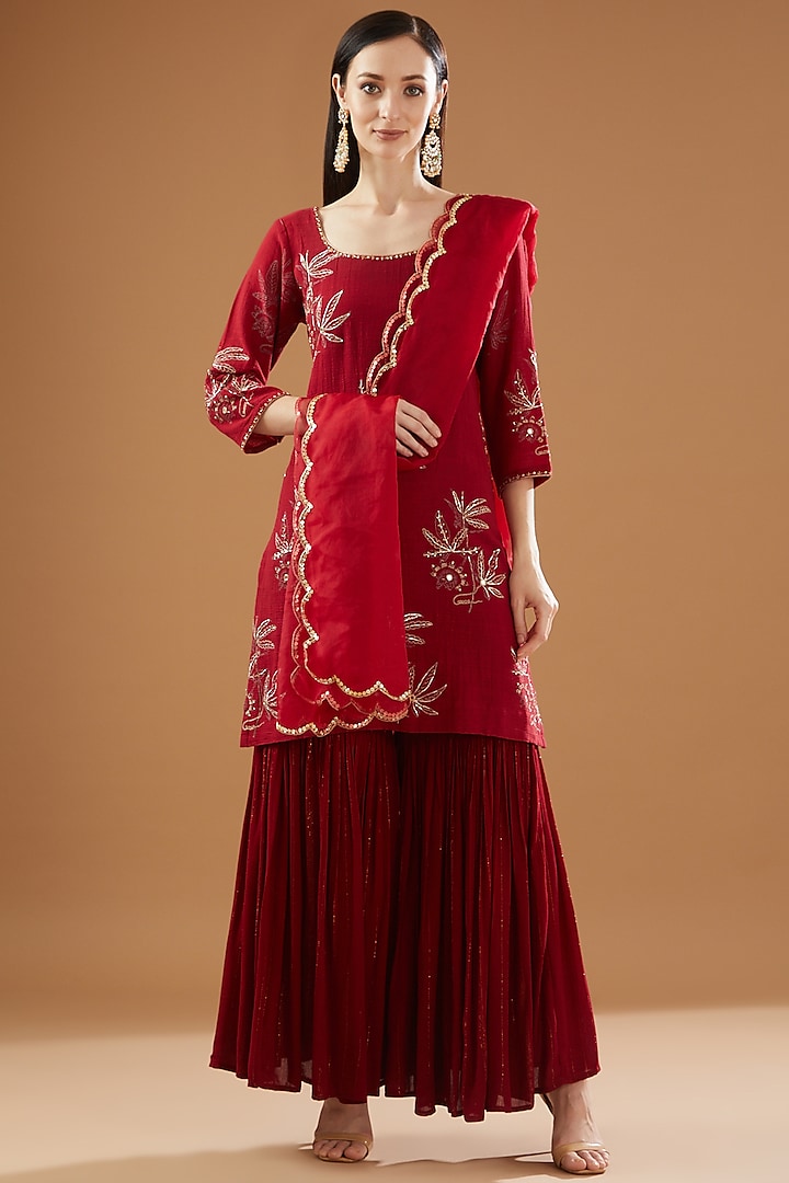 Red Khadi Cotton Sharara Set by Rekha Agra