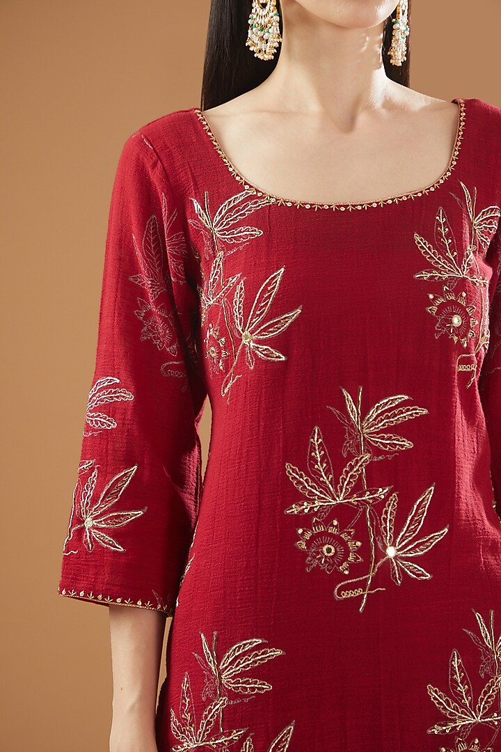 Red Khadi Cotton Party Wear Sharara Set by Rekha Agra at Pernia's Pop Up Shop