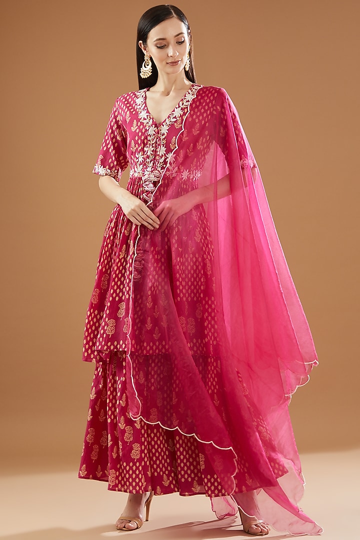 Pink Crinkled Cotton Silk Printed Sharara Set by Rekha Agra