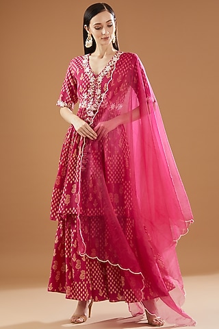 Pink Crinkled Cotton Silk Printed Sharara Set by Rekha Agra