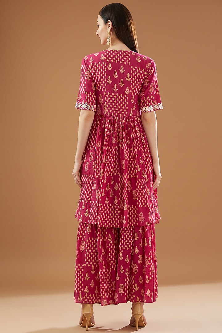 Pink Crinkled Cotton Silk Printed Party Wear Sharara Set by Rekha Agra at Pernia's Pop Up Shop