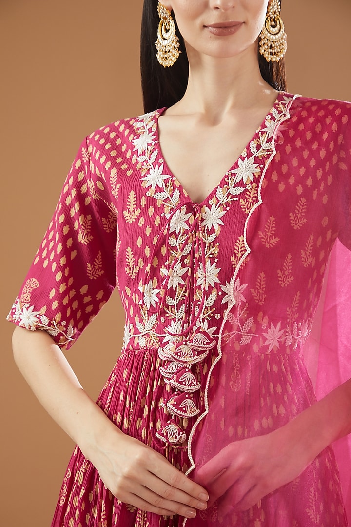Pink Crinkled Cotton Silk Printed Party Wear Sharara Set by Rekha Agra at Pernia's Pop Up Shop