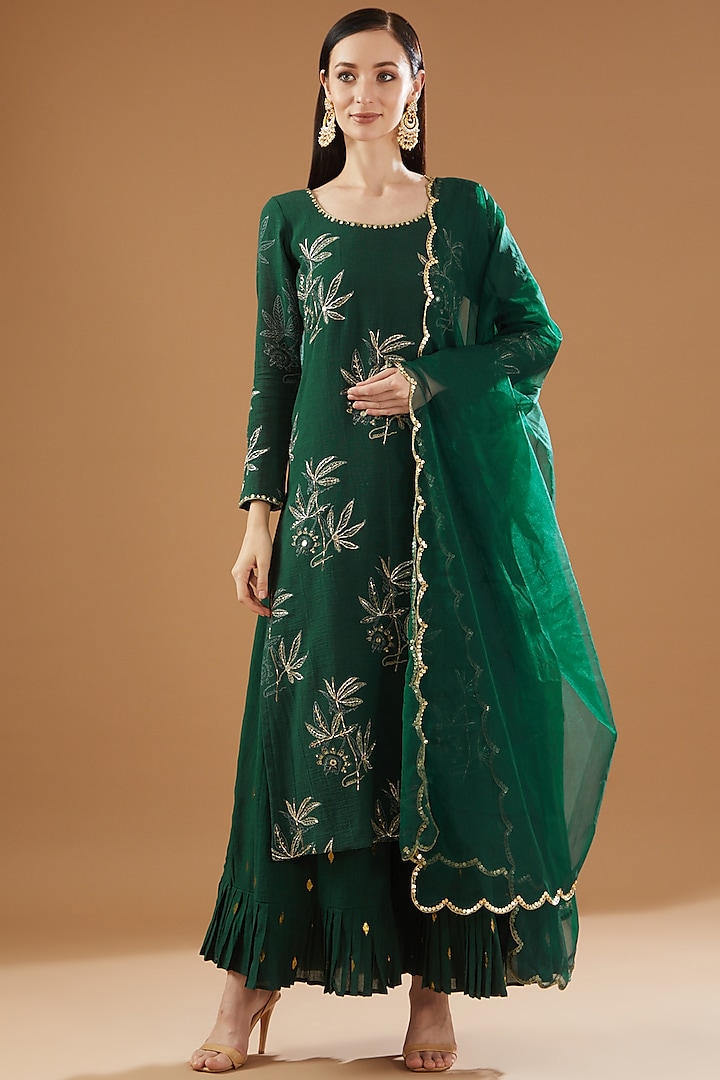 Green Cotton Lurex Sharara Set by Rekha Agra