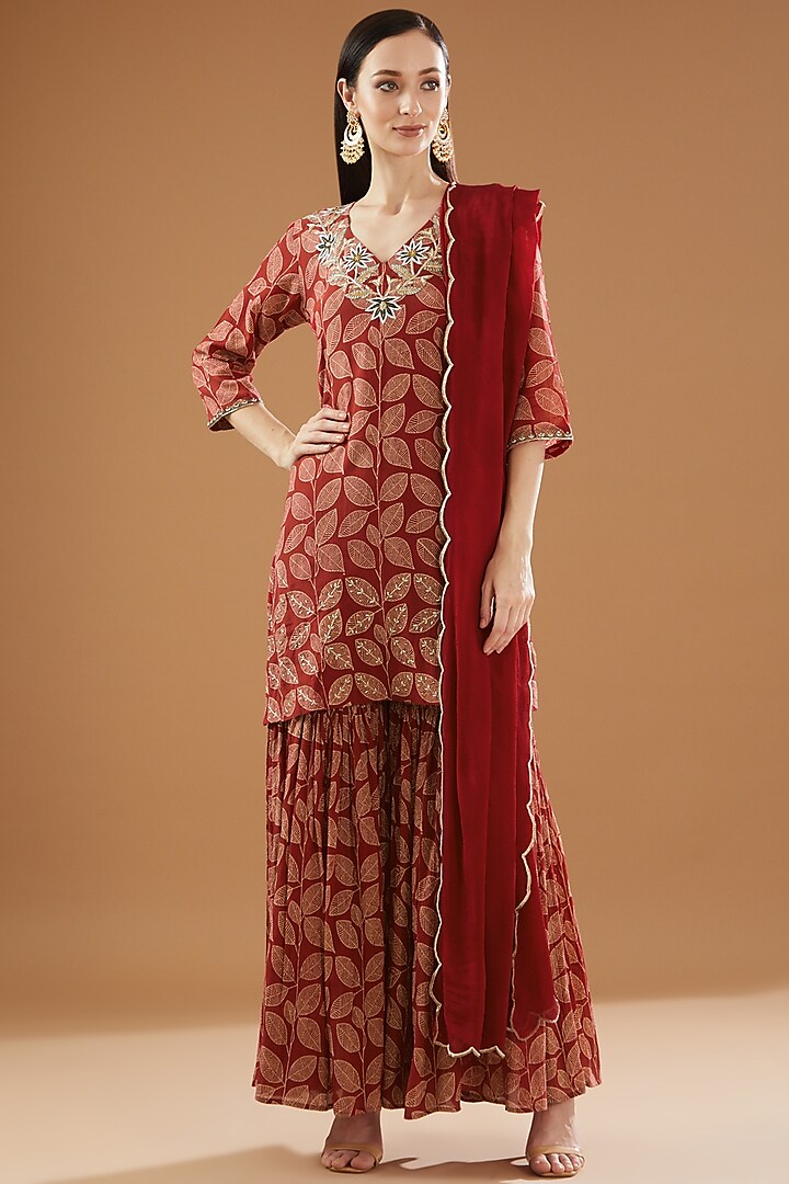 Red Crinkled Cotton Silk Printed Sharara Set by Rekha