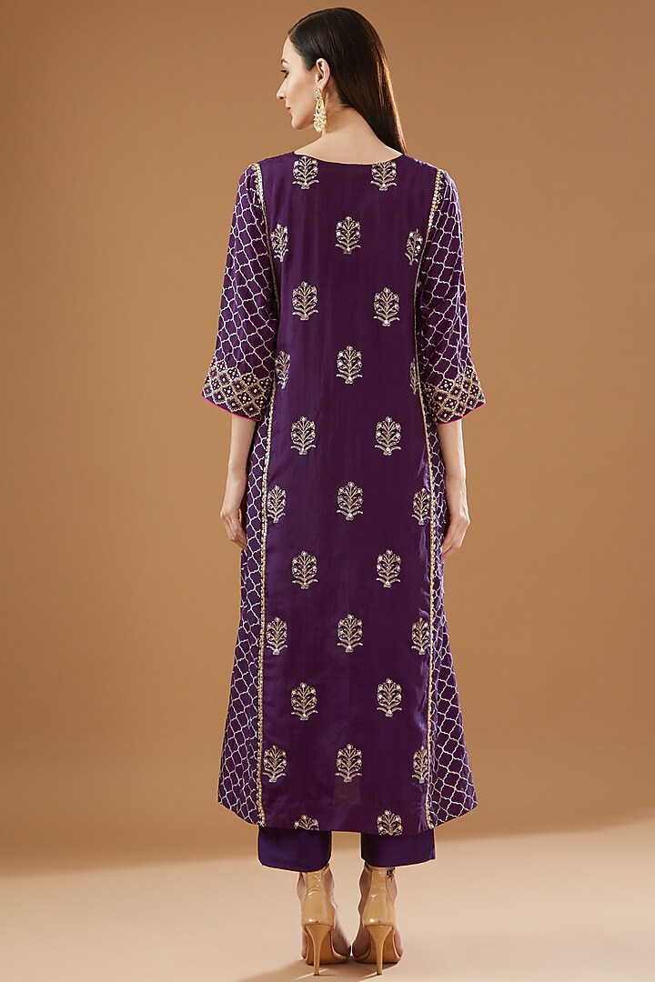 Purple Silk Printed & Embroidered Kurta Set by Rekha Agra at Pernia's Pop Up Shop