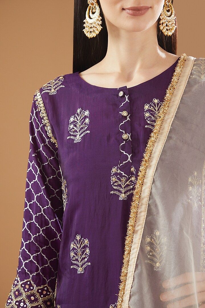 Purple Silk Printed & Embroidered Kurta Set by Rekha Agra at Pernia's Pop Up Shop