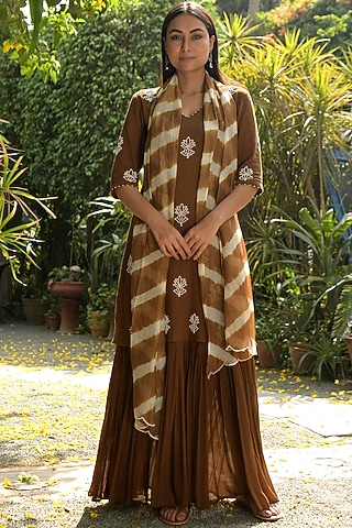 Brown Hand Embroidered Gharara Set by Rekha Agra
