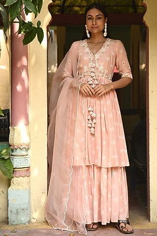 Peach Embroidered & Printed Gharara Set by Rekha Agra