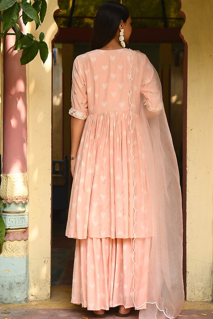 Peach Embroidered & Printed Gharara Set by Rekha Agra at Pernia's Pop Up Shop