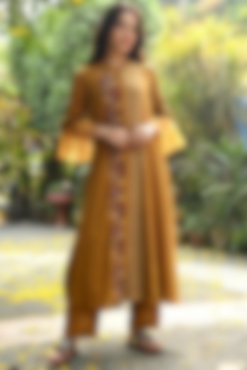 Mustard Embroidered Kurta With Pants by Rekha Agra