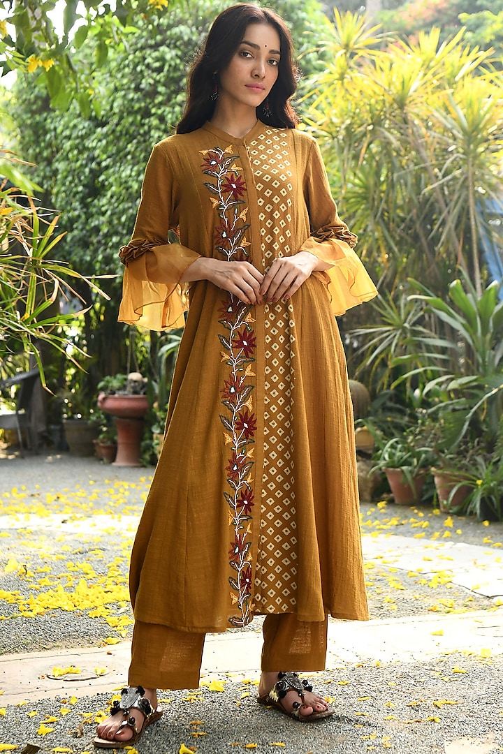 Mustard Embroidered Kurta With Pants by Rekha Agra