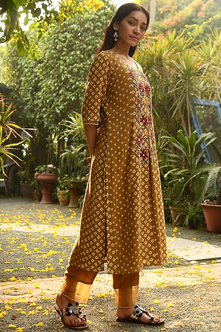 Mustard Embroidered & Printed Kurta With Pants by Rekha Agra