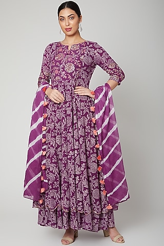 Purple Embroidered & Layered Anarkali With Dupatta by Rekha Agra