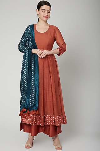 Brown Bandhani Printed Anarkali Set by Rekha Agra
