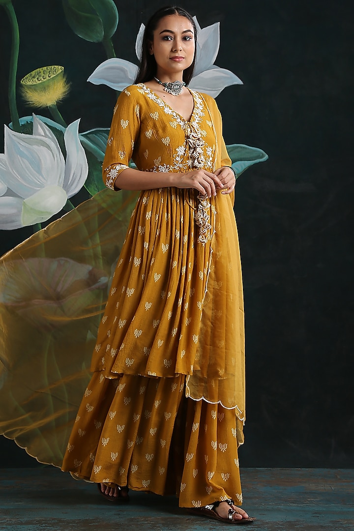 Mustard Embroidered Gharara Set by Rekha Agra