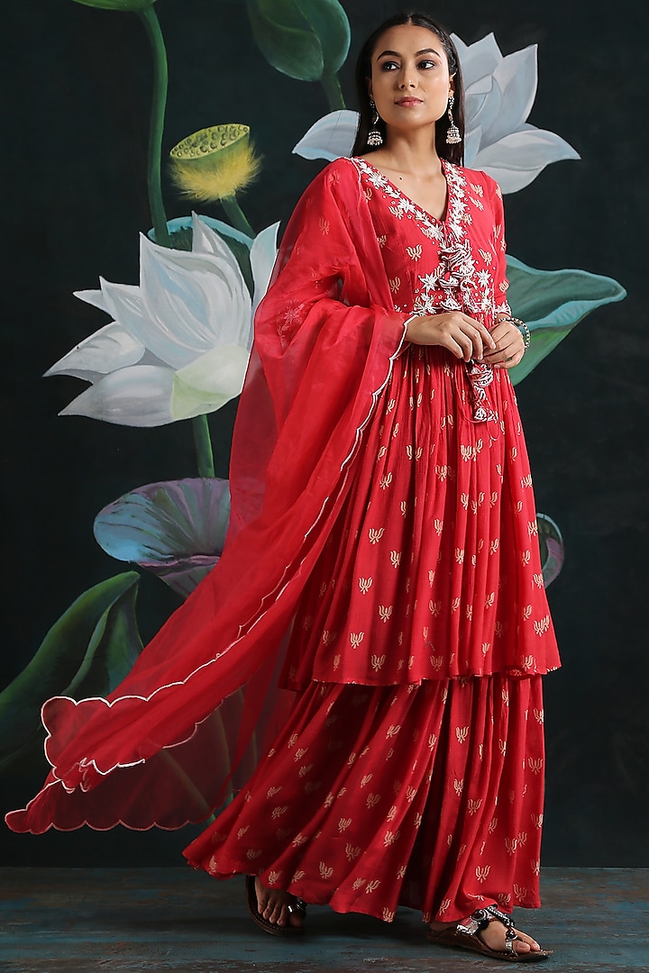 Red Embroidered Gharara Set by Rekha Agra