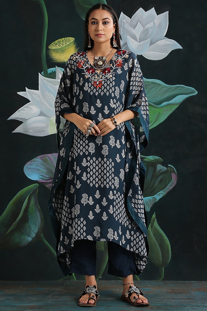 Blue Flat Chiffon & Cotton Silk Embroidered Kaftan Set by Rekha Agra