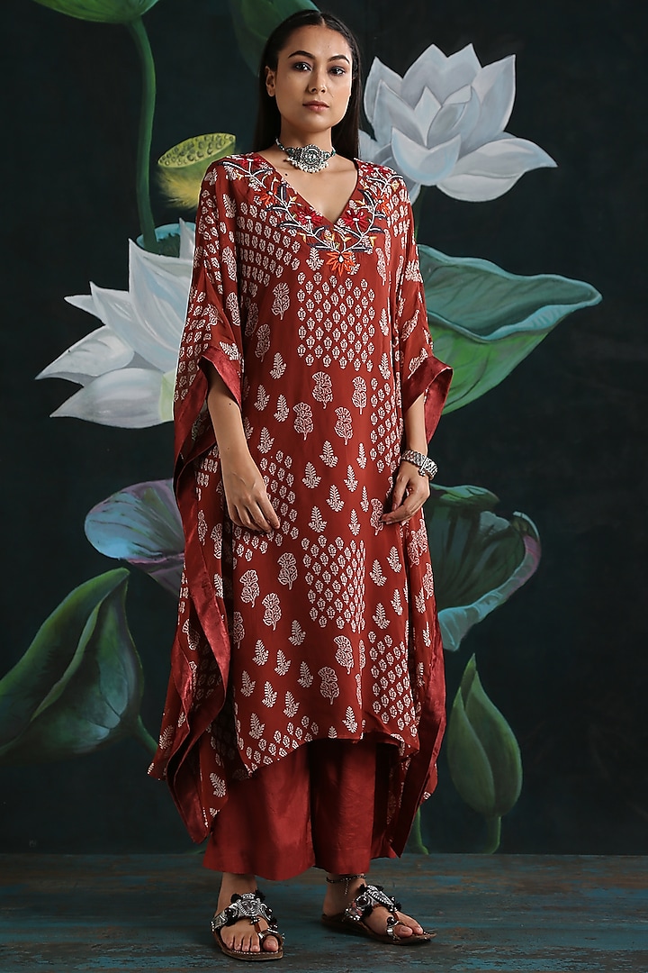 Rust Flat Chiffon & Cotton Silk Embroidered Kaftan Set by Rekha Agra